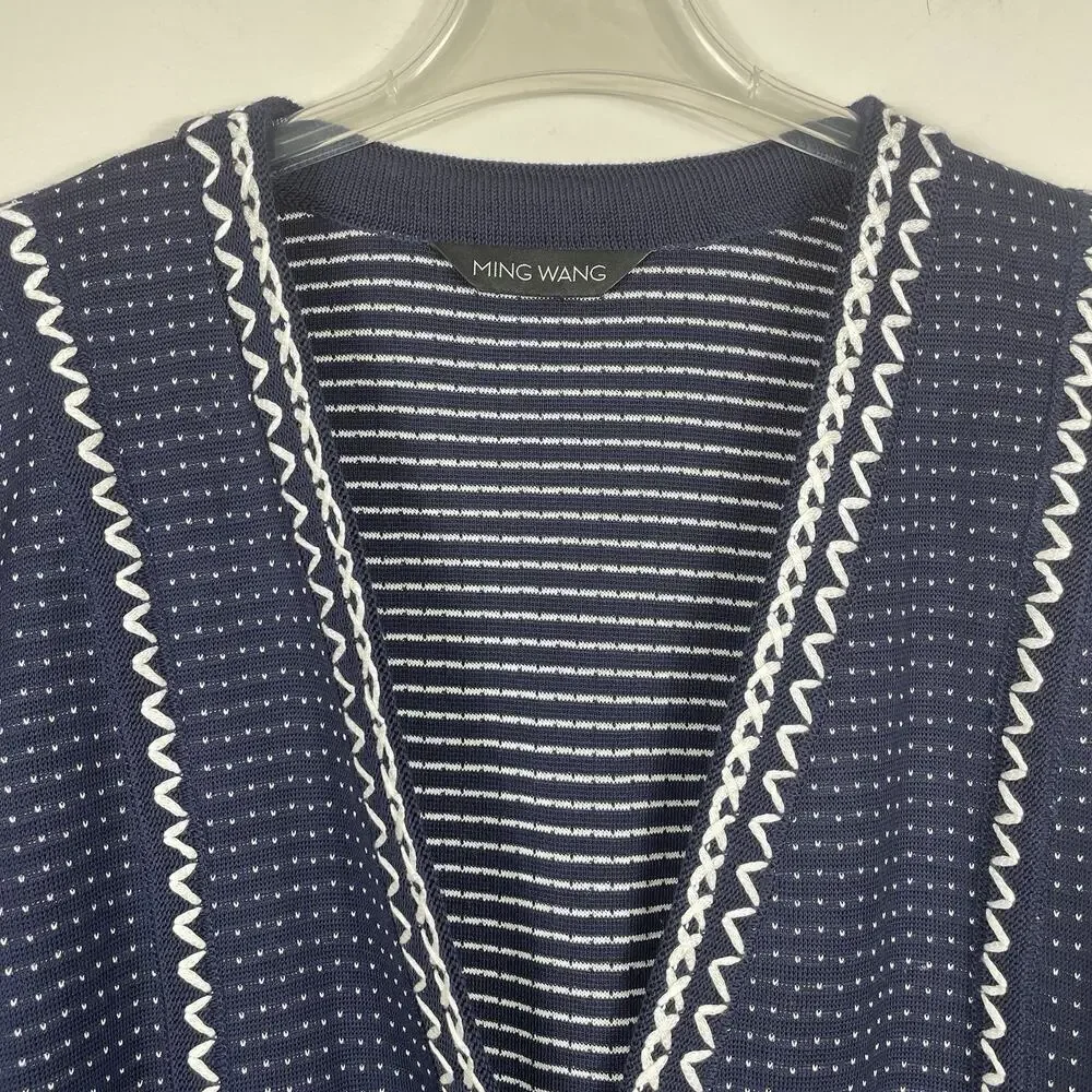 Ming Wang Cardigan Blazer Size XL Navy White Embroidered Stretch Office Career - Picture 4 of 12